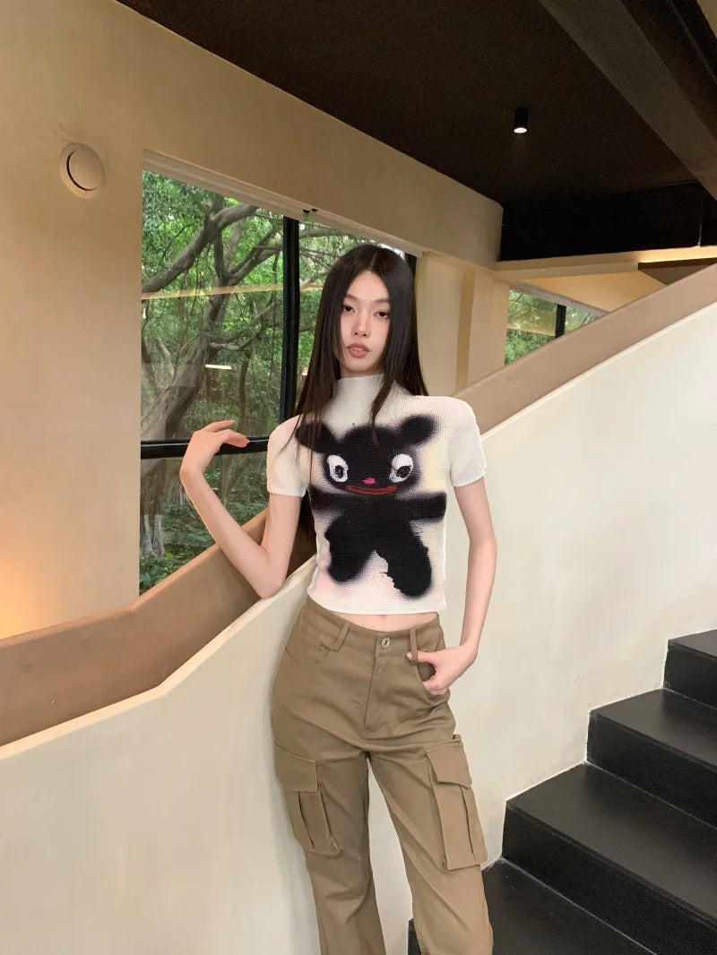 Pleated Cartoon Y2K Crop T-Shirt