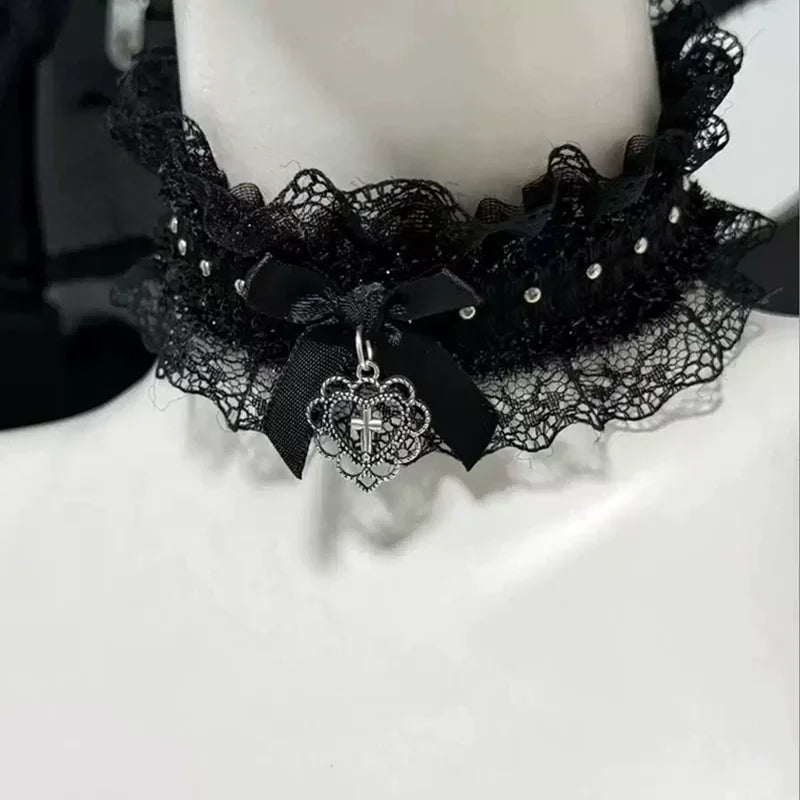 Black Lace Choker with Bell Bow Kawaii Lolita Neck Collar Necklaces for Women  Aesthetic Gothic Cosplay Versatile Accessories