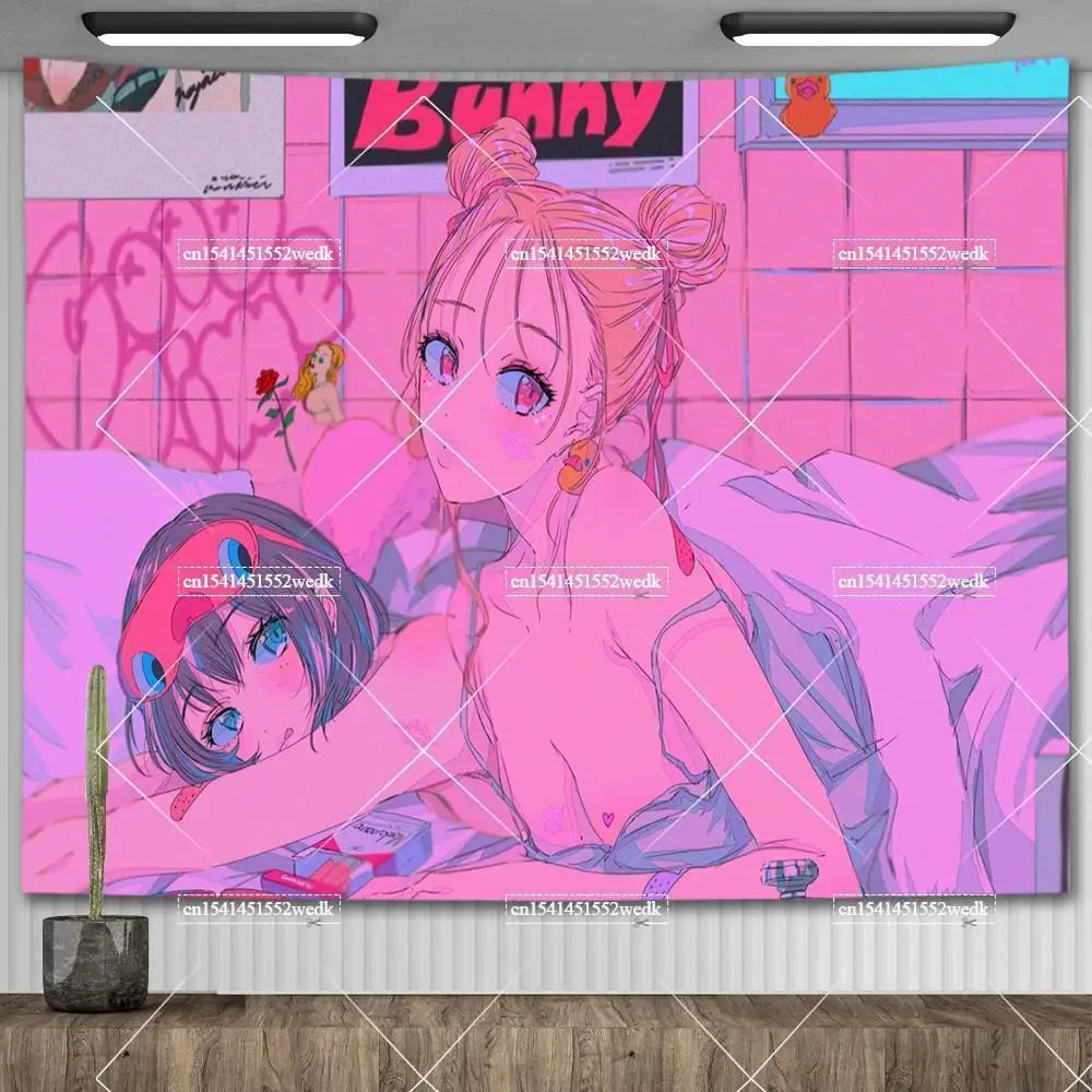 Pink Y2K Anime Girl Wall Tapestry