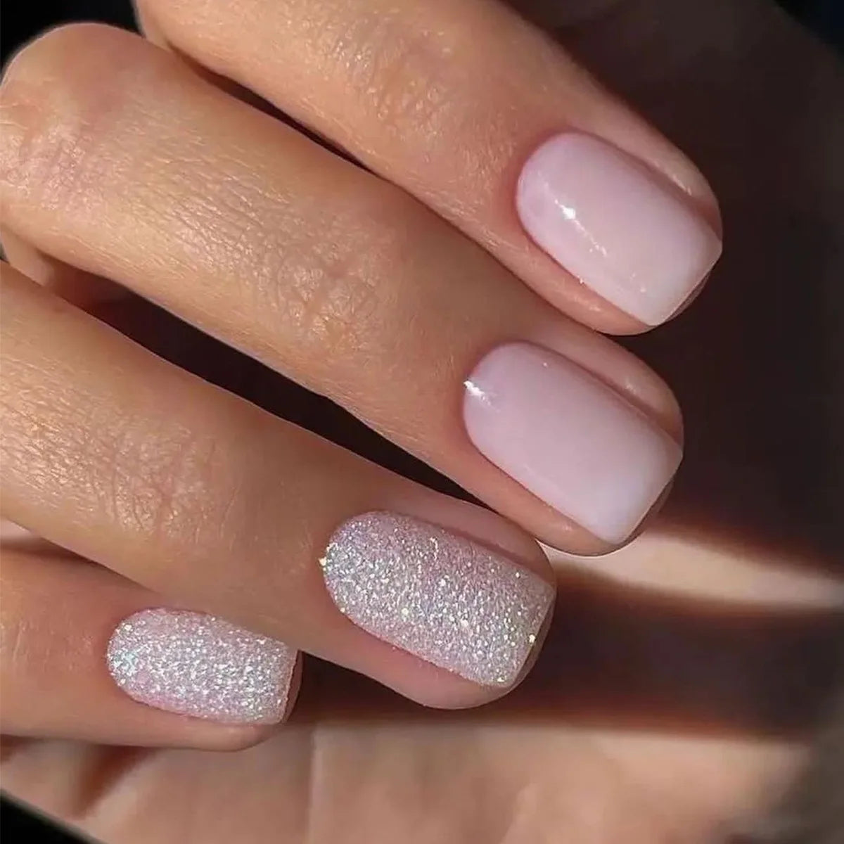Pink Glitter French Short Square Press-On Nails