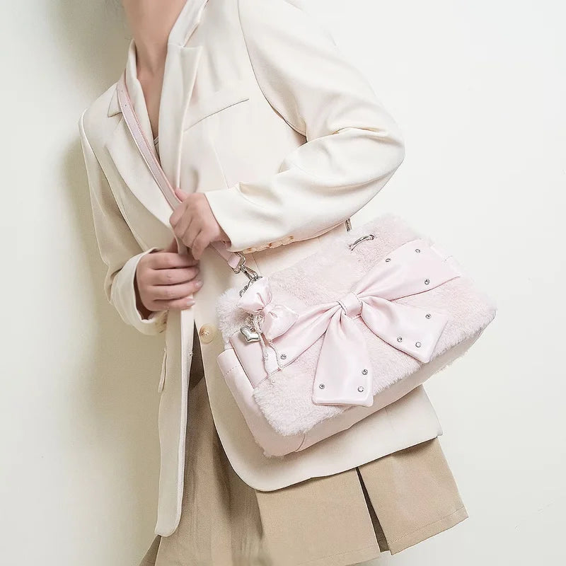 Plush Pink Bow Shoulder Bag