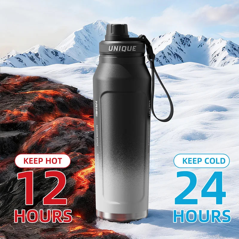 1L Insulated Cold Water Bottle Thermos Stainless Steel Tumbler Qutdoor Sports Handle Vacuum Flasks Double Wall Cup