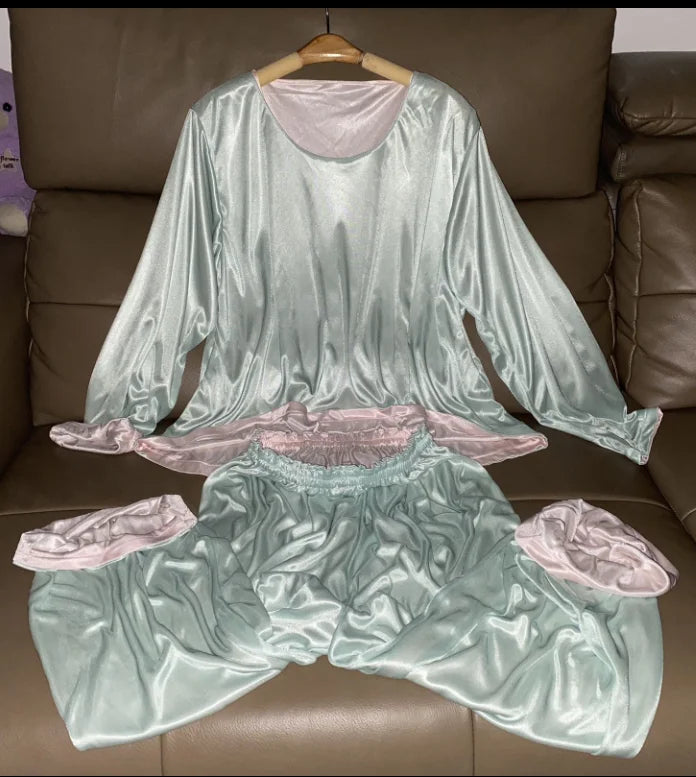 Men Sexy Double Layered Silky Touch Glossy Ice Silk Satin Pajamas 2 pieces Set Women Elastic Soft Loose Top Pants Homewear