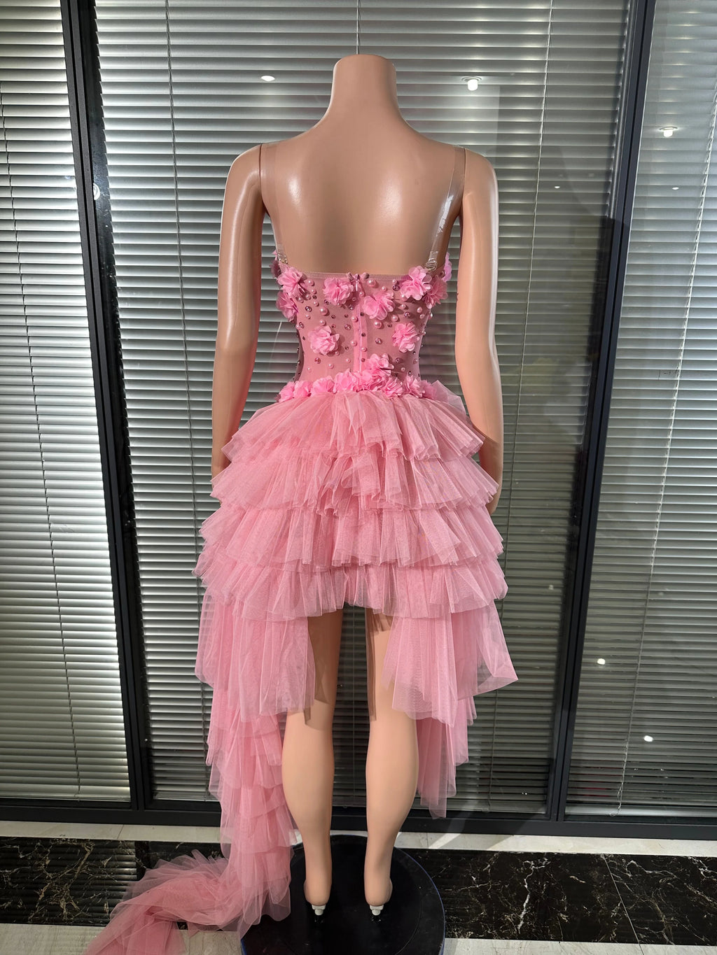Sexy Pink 3D Floral Tulle Mini Dress Spaghetti Strap Rhinestone Embellished Layered Tulle High Low Outfit Birthday Party Costume