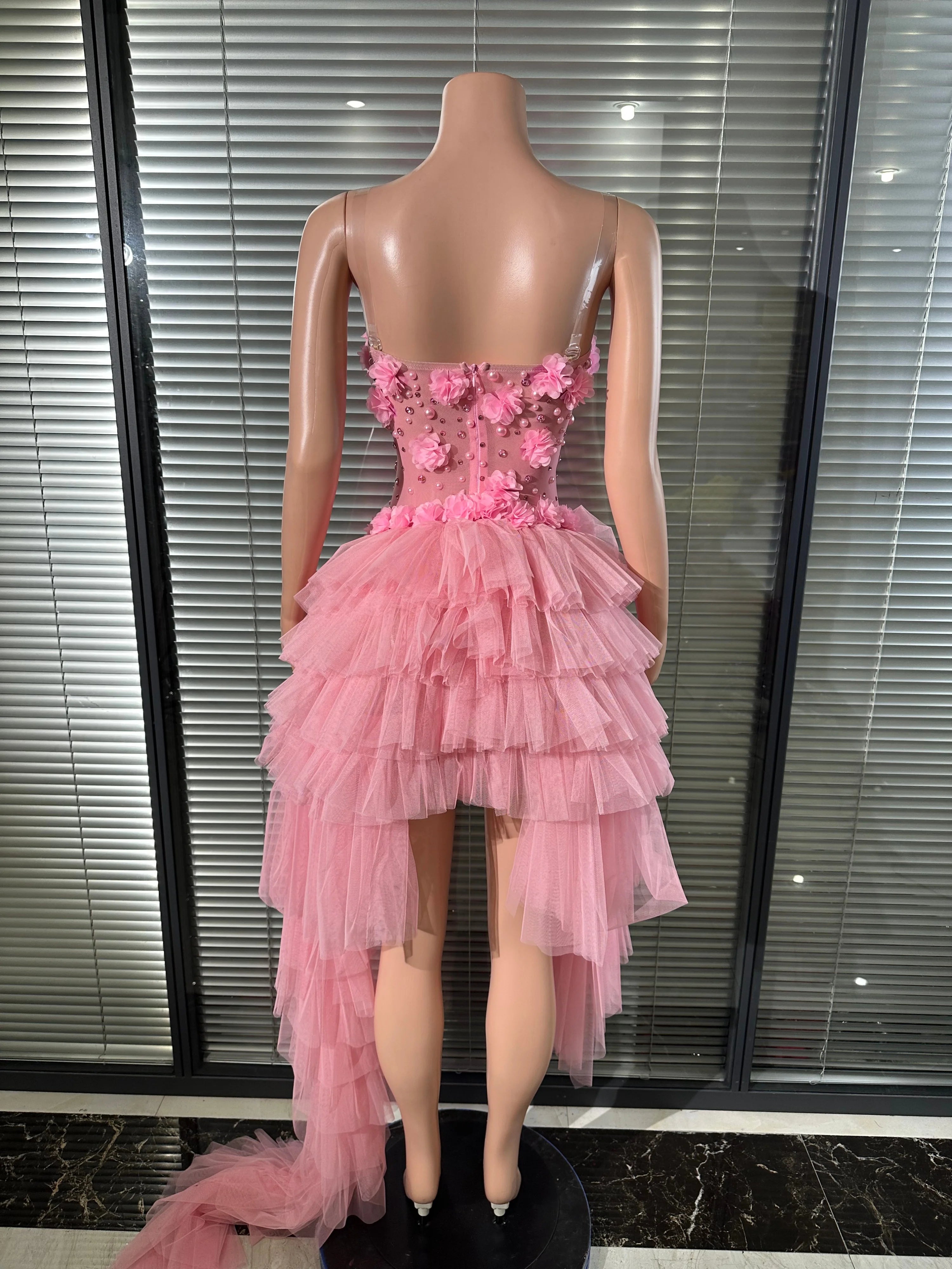 Sexy Pink 3D Floral Tulle Mini Dress Spaghetti Strap Rhinestone Embellished Layered Tulle High Low Outfit Birthday Party Costume