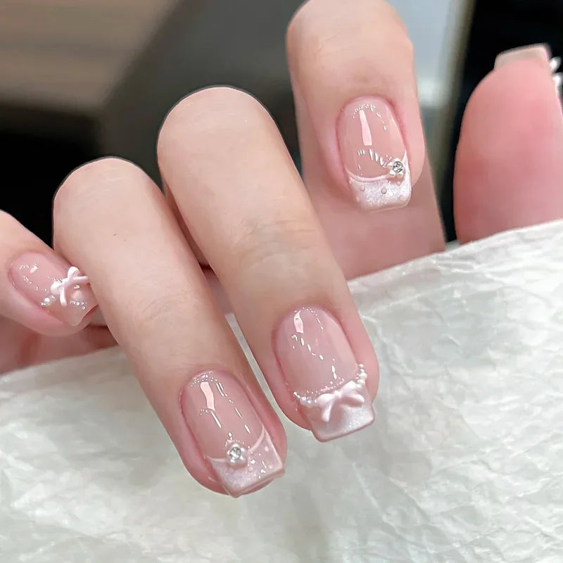Wine Red Rhinestone Square Press-On Nails – 24 Pieces