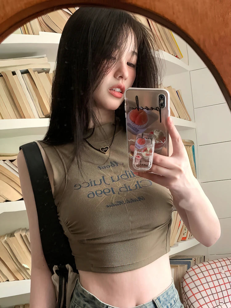 Y2K Letter Print Shirred Sleeveless Crop Top