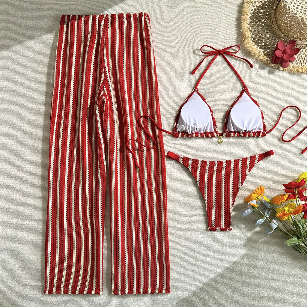 sexy knitted striped halter tie bikinis sets 3pcs with tie straight pants swimsuits beachwear bathing suit swimwear biquini