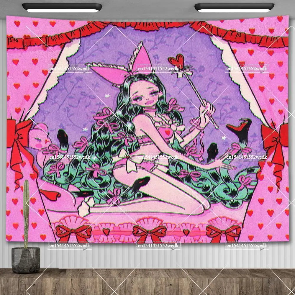 Pink Y2K Anime Girl Wall Tapestry