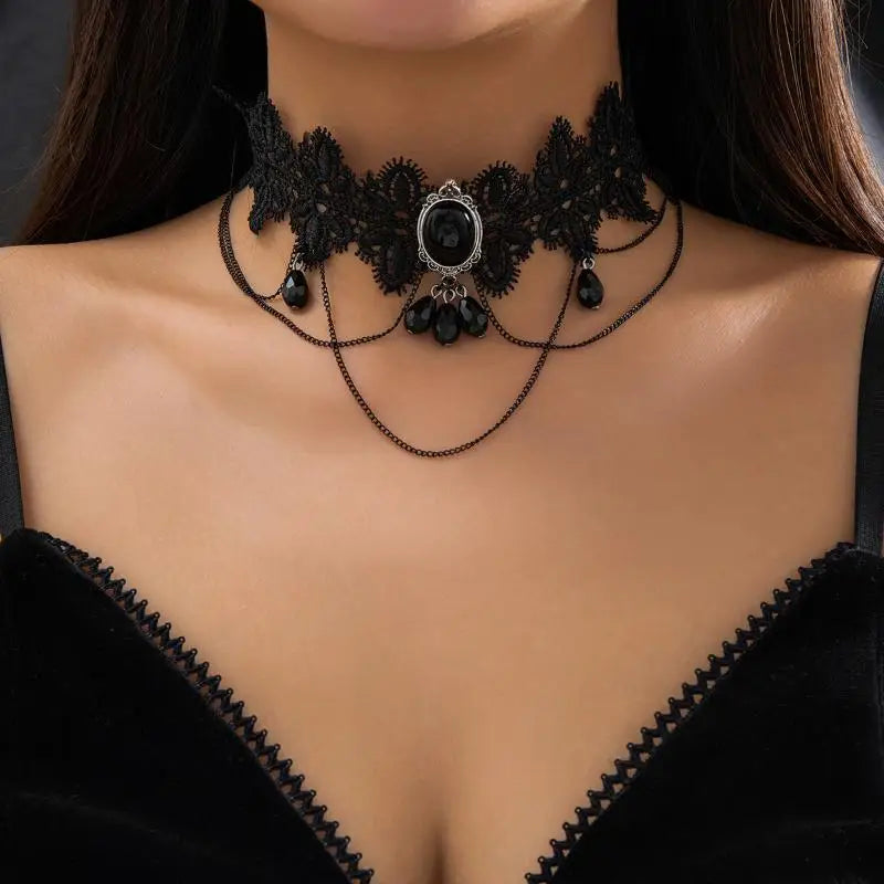'HS'[HS]1PC Gothic Black Lace Rope Chain Necklace Crystal Beads Geometric Charm Chokers Collar Girls Women Party Y2K Jewelry New