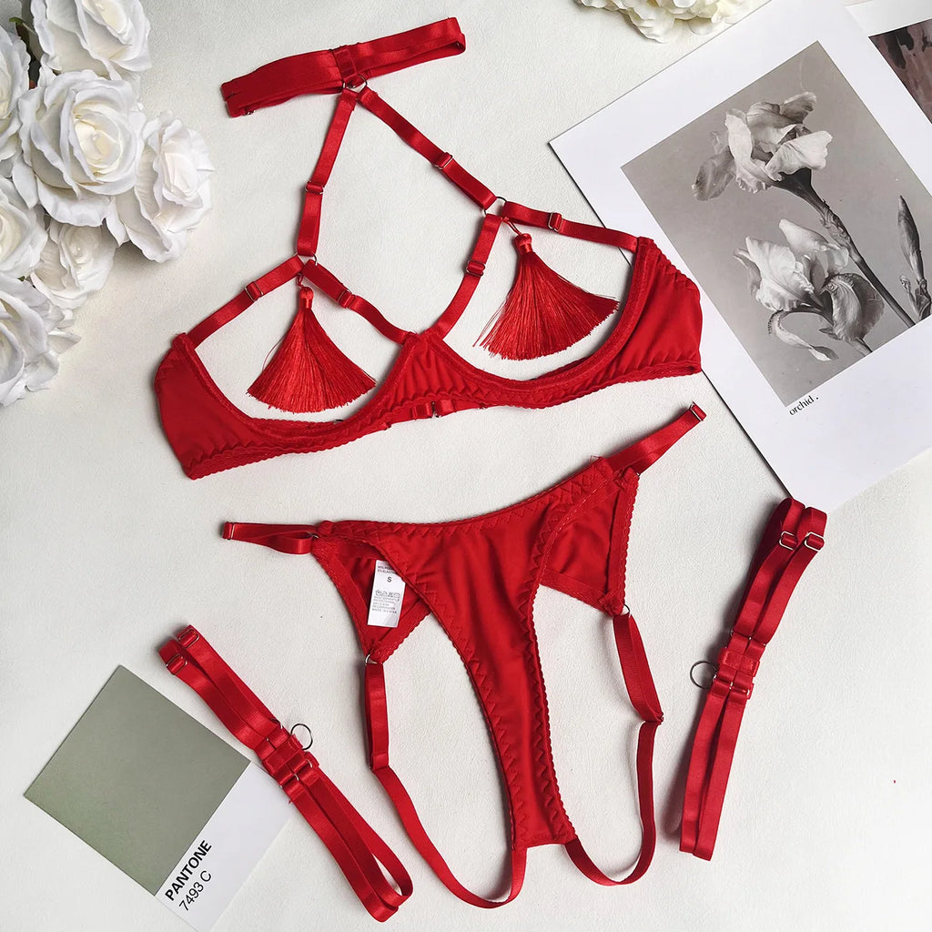 Lingerie Tassel Sexy Lingerie Set Women Halter Cut Out Sexy Erotic Set Red/Black Back Open Brief Kit