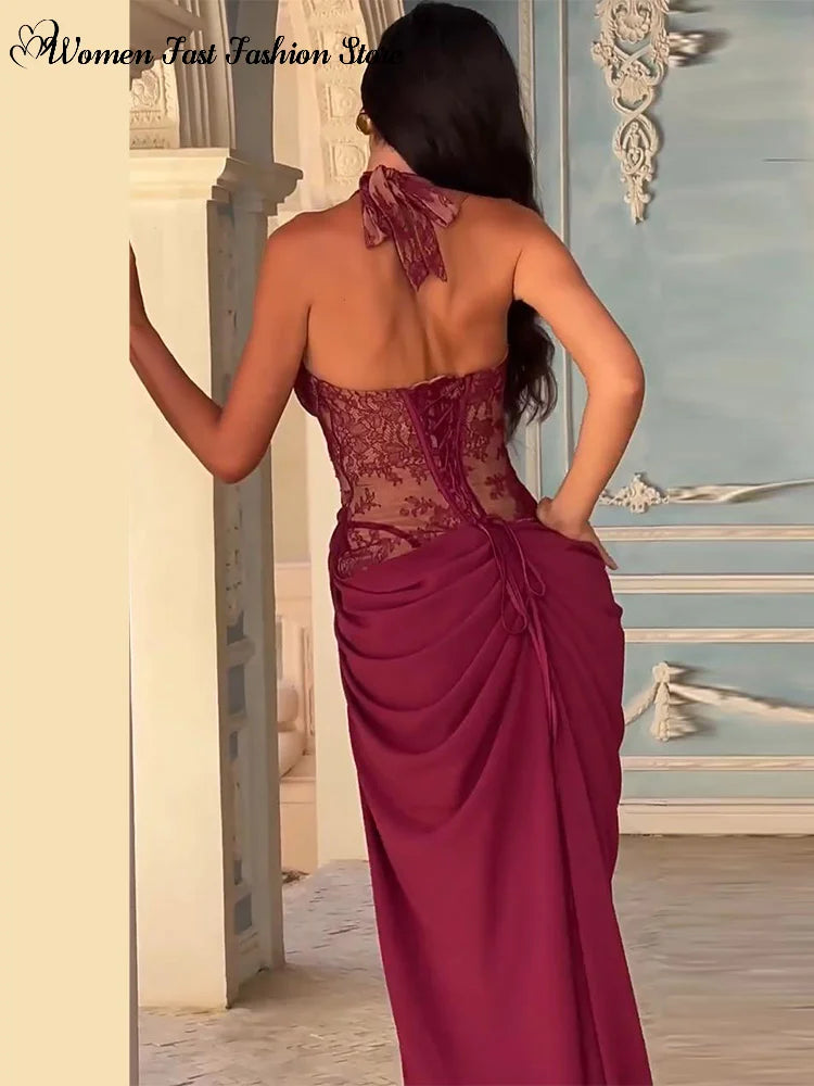Sexy Lace Splicing Halter Party Dress Women's Elegant Satin Backless Lace-up Maxi Robes 2026 New Female Pleated Dresses