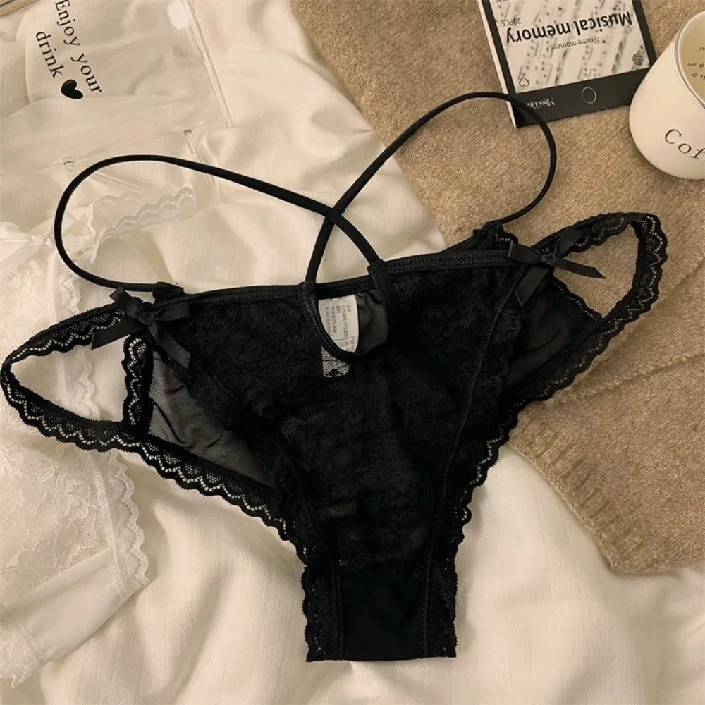 Lingerie Bow Lace Flower Panties Low Waist Hollow Lace Mesh Briefs Thin Strap Transparent Women Underwear Lady