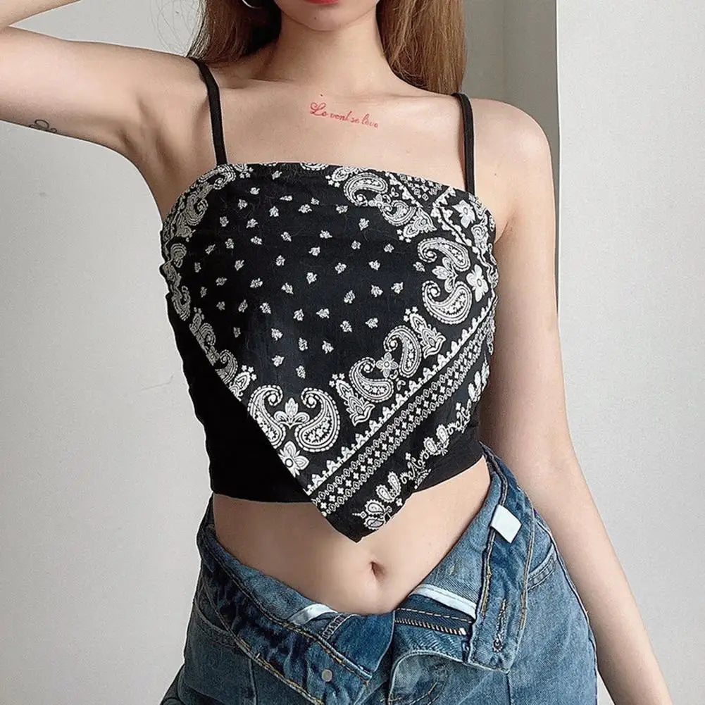 Spaghetti Strap Tank Top Sexy Backless Camisole Printed Blouse Summer Elegant Party Women Camis Korean Style Sexy Short Top