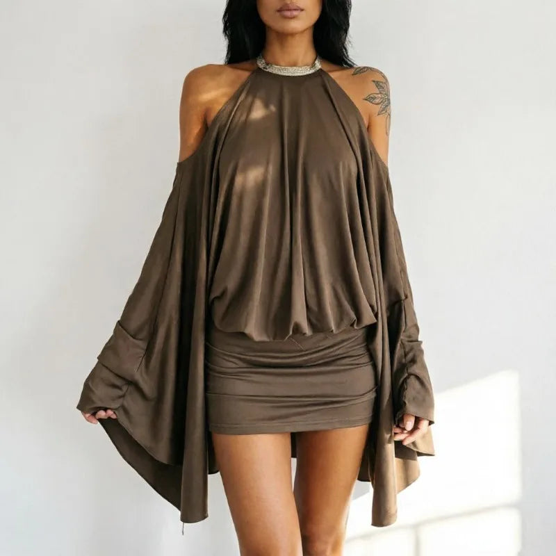 2026 European and American Spice Girls Sexy Shoulder Backless Irregular Design Short Skirt Loose Bat Sleeve Dress Women