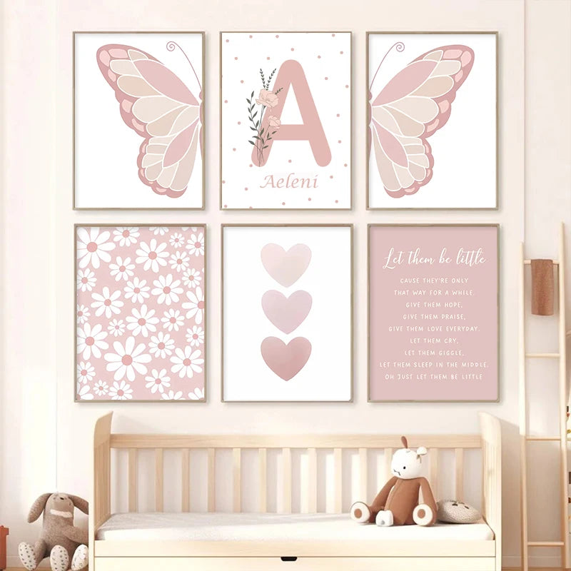 Pink Butterfly, Rainbow & Daisy Nursery Wall Art