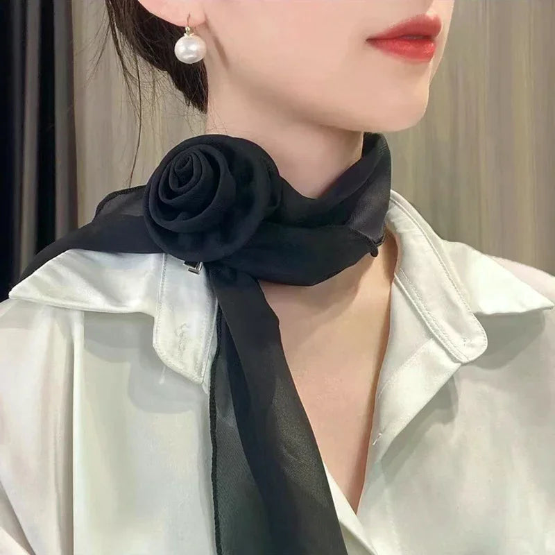 Fashion Rose Flower Silk Scarf Versatile Soft Neckerchief For Women Girls Temperament Long Ribbon Tie Scarf Office Clothes Gifts