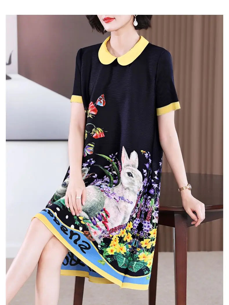 Summer short sleeved dress 2024 new pleated fashion print oversized women's black dress  vestidos de mujer