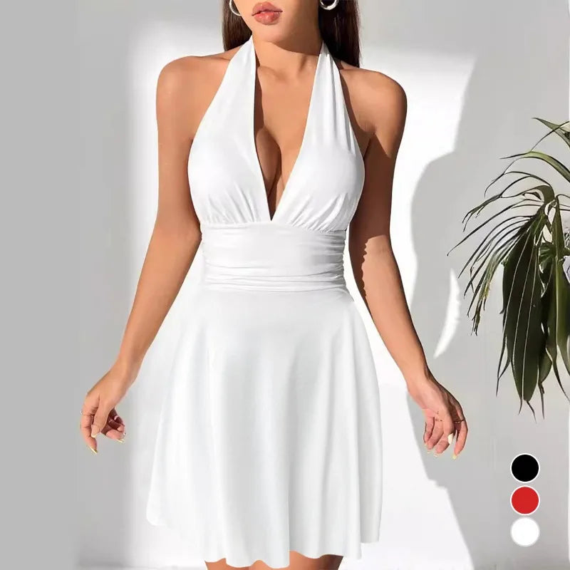 Summer Dress for Women European and American New Fashionable Strap V-neck Short Skirt Sexy Backless Pleated Dress