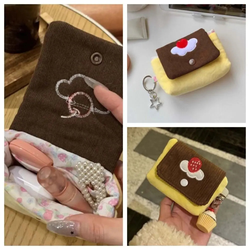 Cherry Pudding Design Coin Purse Soft Velvet Compact Dimension Mini Pouch Wallet Snap Button Closure Corduroy Texture