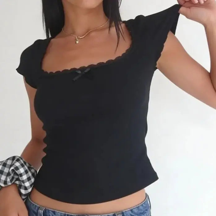 White Lace-Trim Square-Neck Milkmaid Crop Top