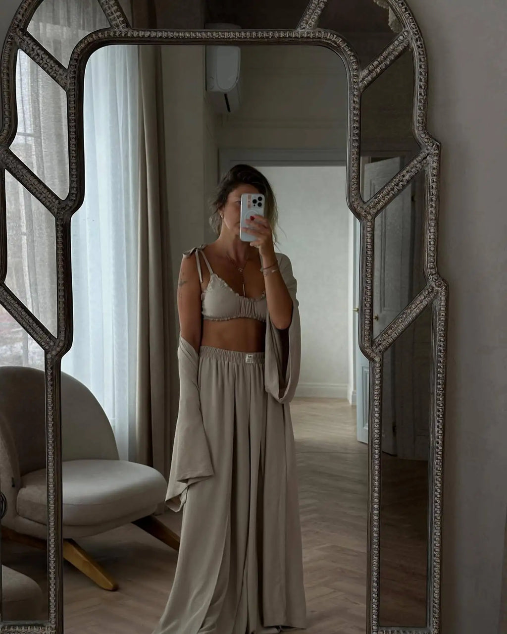 Sexy Loose 3 Piece Sets Women Outfit Fashion Long Sleeve Shirts Bra With High Waist Wide Pants Set Summer Lady Outfit 2026