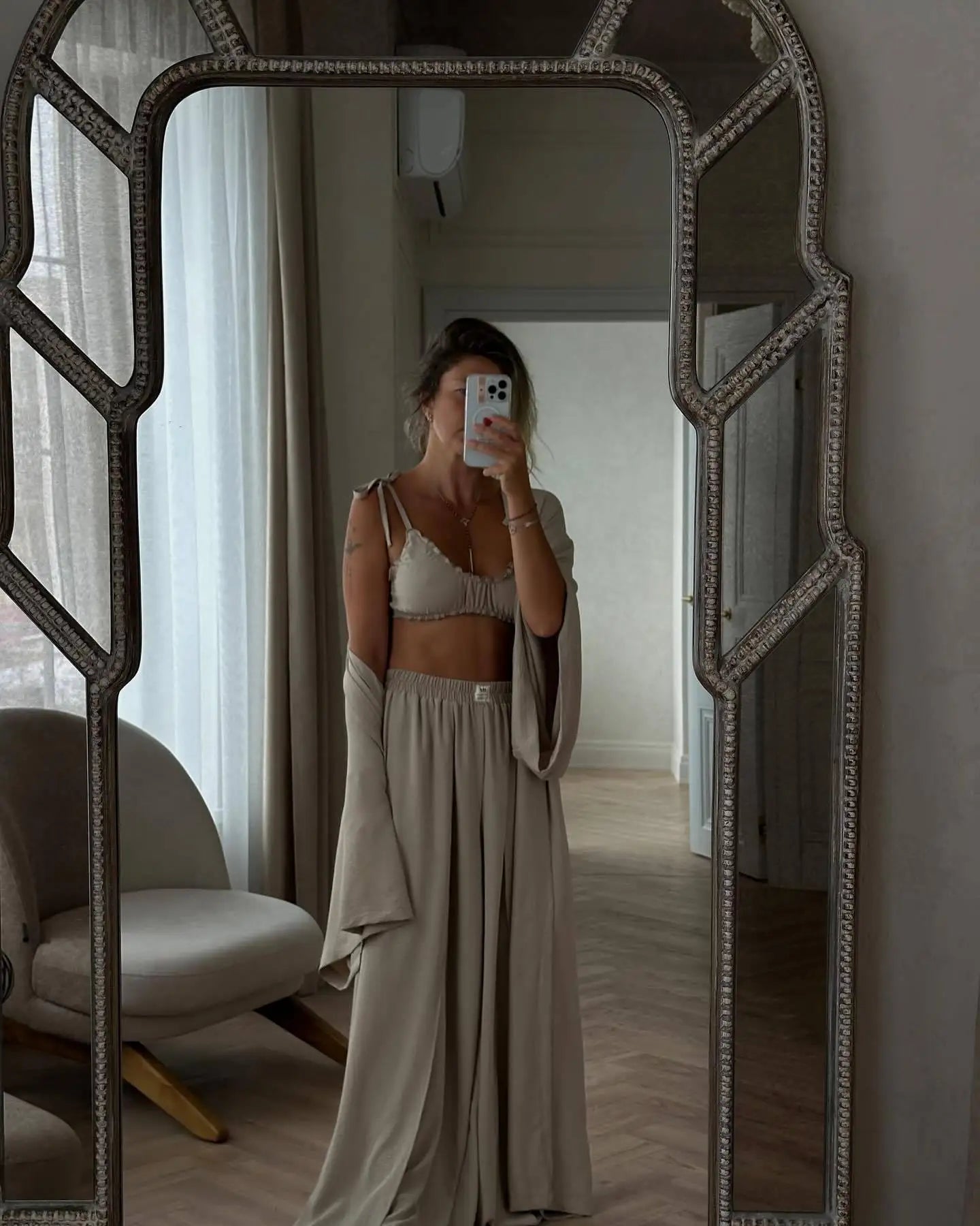 Sexy Loose 3 Piece Sets Women Outfit Fashion Long Sleeve Shirts Bra With High Waist Wide Pants Set Summer Lady Outfit 2026