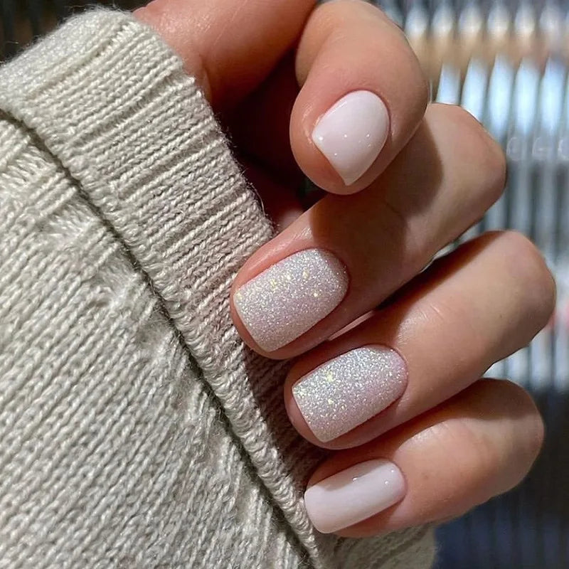 Pink Glitter French Short Square Press-On Nails