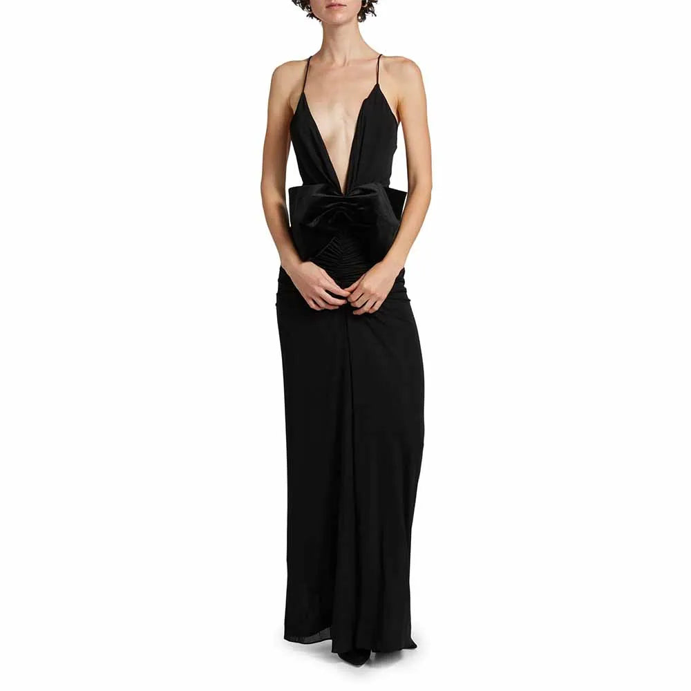 2025 Sexy Evening Dresses Spandex Sheath/Column Party Dress Black Spaghetti Strap Bow Backless Special Occasion Dress Long