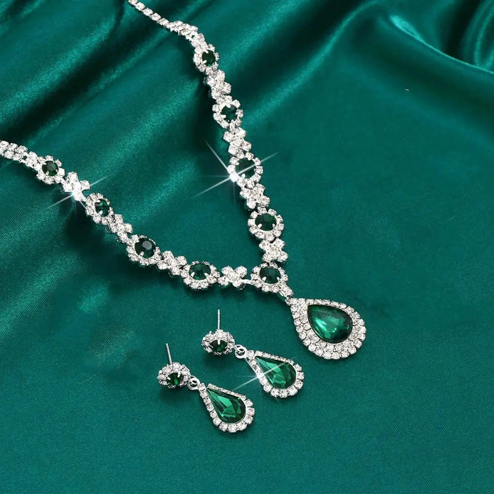 Fashionable Crystal Jewelry Necklace Earring Set Premium Luxury Dangle Earrings Water Drop Inlaid Zircon Pendant Necklace Bride