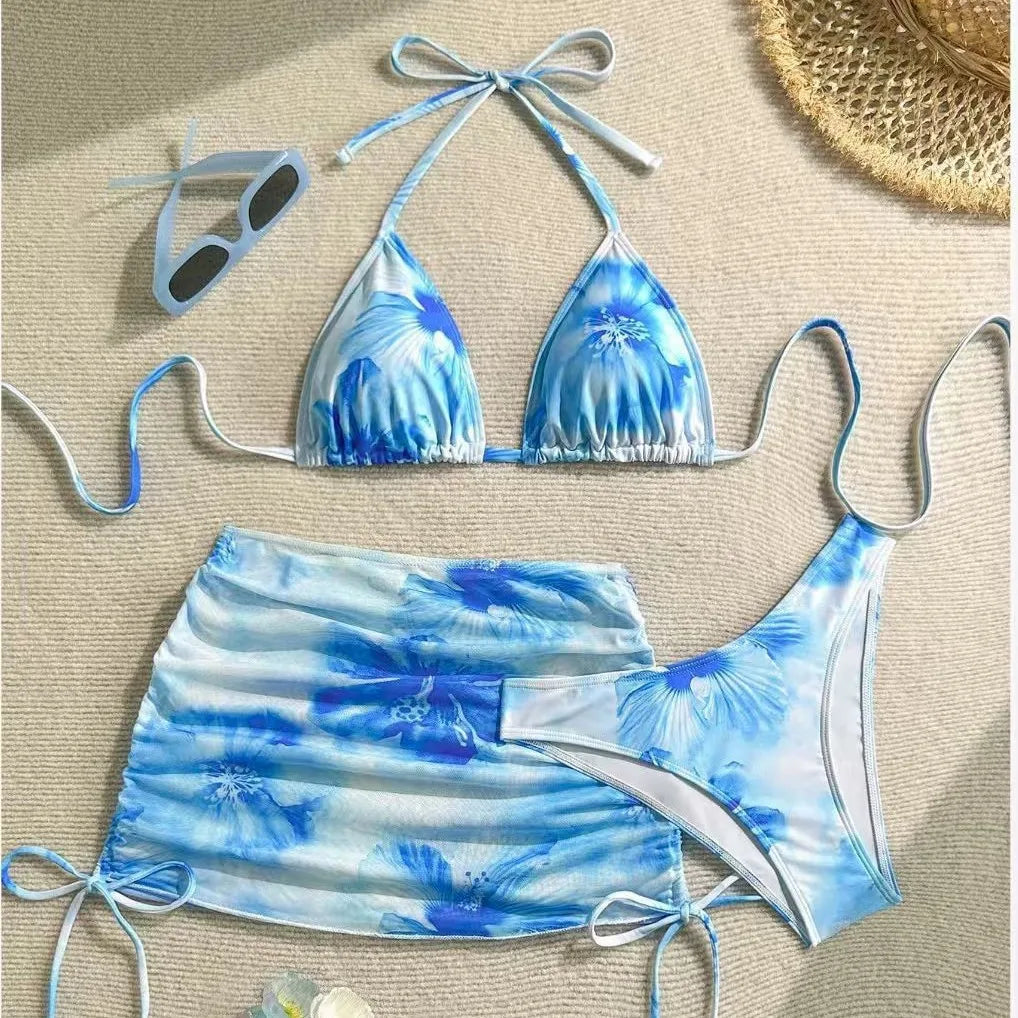 Sexy 3 Piece Bikini Set Women Printed Split Swimsuit Neck Strap Bathing Suit with Cover Up Skirt Swimwear Biquine Brasileiro