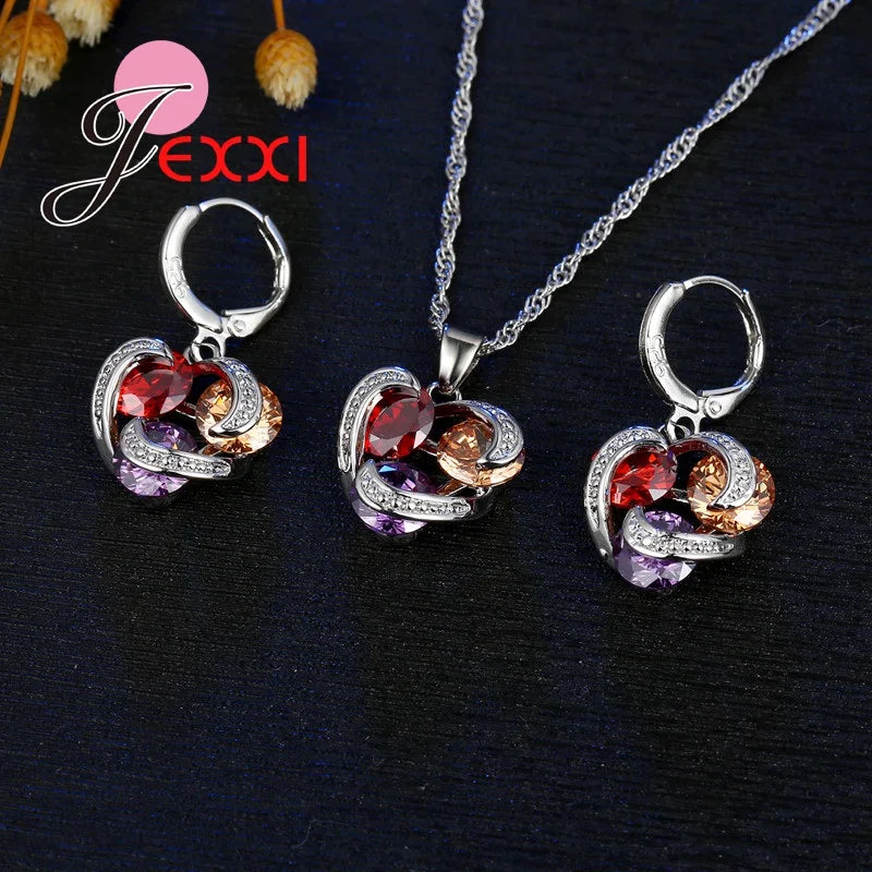 Colorful Sterling Silver Crystal Necklace & Earring Set