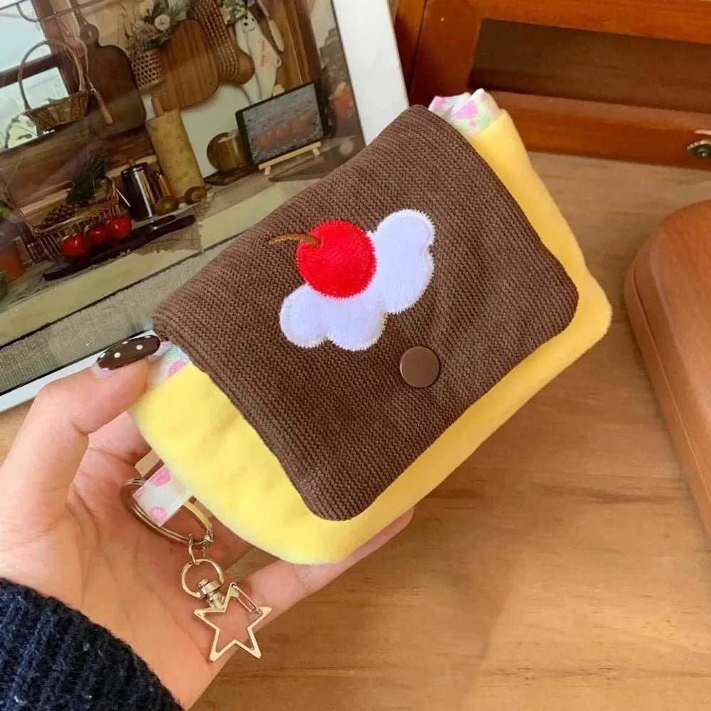 Cherry Pudding Design Coin Purse Soft Velvet Compact Dimension Mini Pouch Wallet Snap Button Closure Corduroy Texture