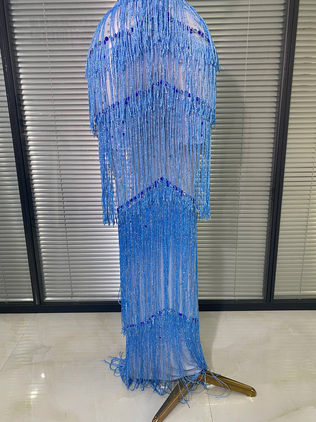 New Women Sexy Mesh Crystal Diamonds Maxi Dress See Through Blue Tassel Party Stage Costume Stage Performance Dress