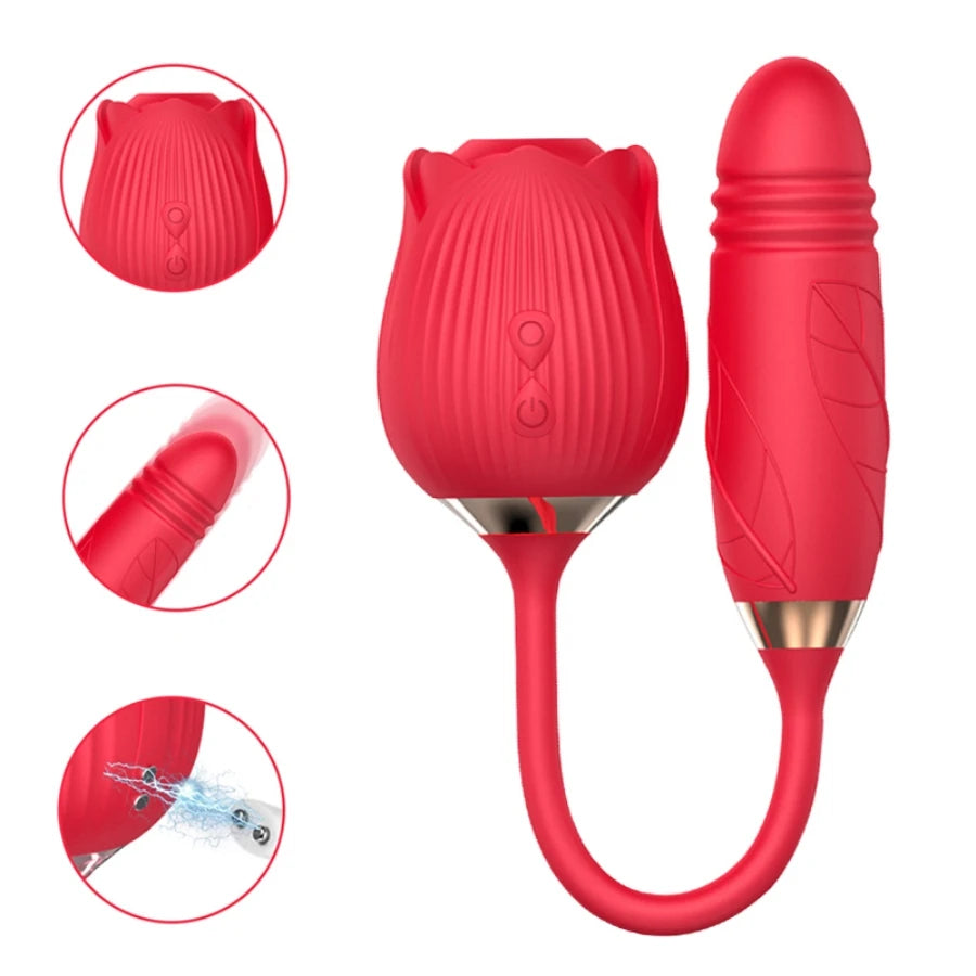 Rose Sex Toy Dildo Vibrator 3In1 Rose Sex Stimulator for Women with 10 Sucking And Thrusting Dildo G Spot Vibrators