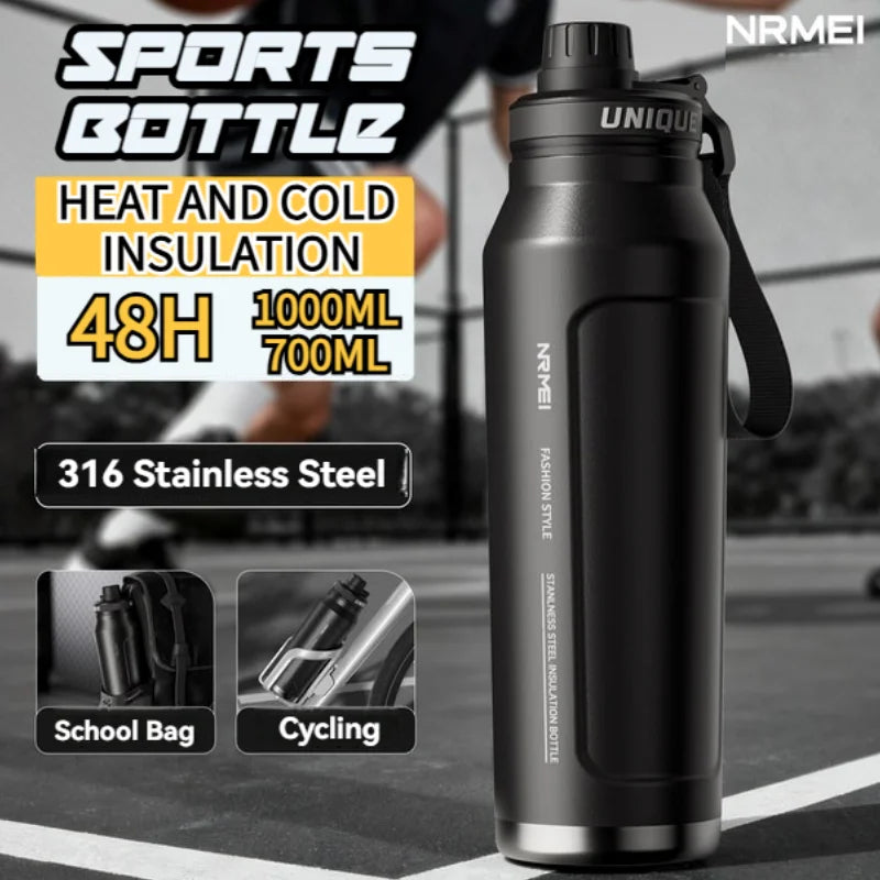 1L Insulated Cold Water Bottle Thermos Stainless Steel Tumbler Qutdoor Sports Handle Vacuum Flasks Double Wall Cup