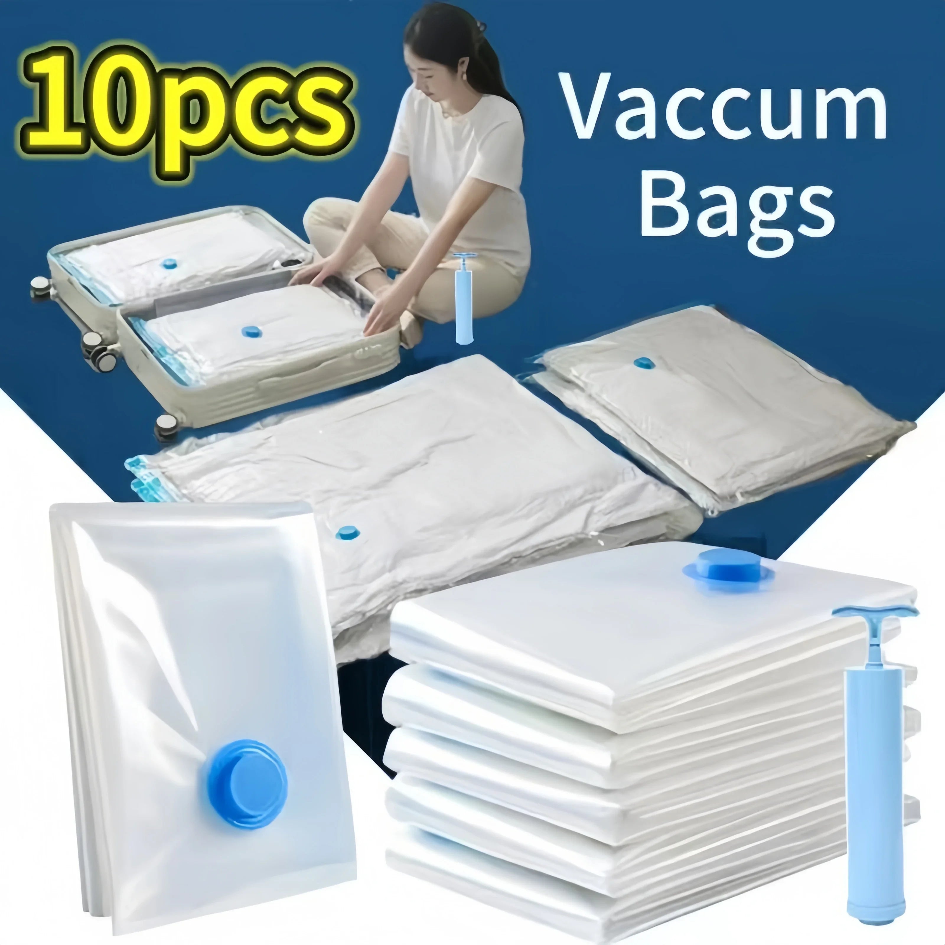Vacuum Compression Bags Space Saver Storage Bags For Clothes Quilt Travel, Transparent Airtight Reusable With Hand Pump, 1-10pcs