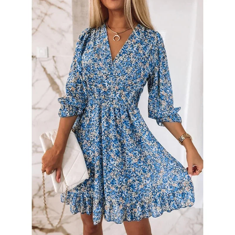Summer Fashion Floral Dress for Women Midi Skirt Casual Tighten The Waist Pullover Printed Short Sleeves Bohemia Bright Dresses