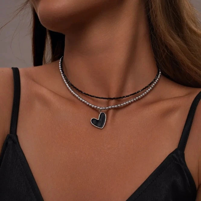 Layered Heart Pendant Beaded Necklace