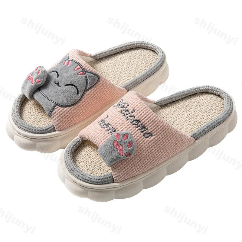 Women House Casual Slippers 2026 Spring Autumn Linen Platform Cute Cartoon Cat Floor Indoor Slippers Fashion Elegant Home Shoes