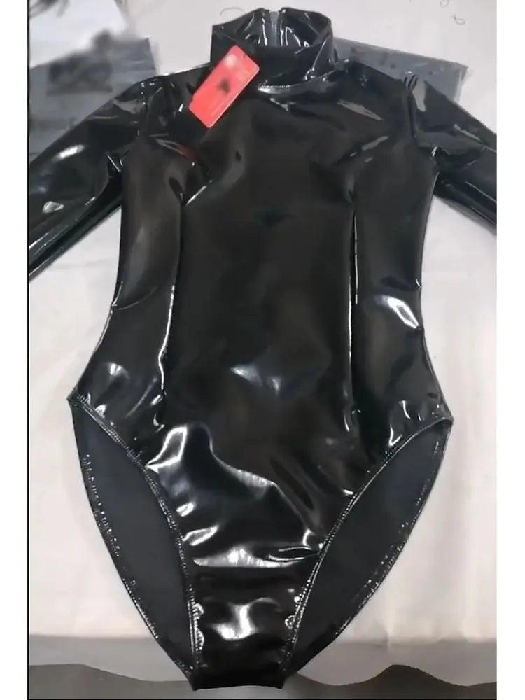 Faux Latex High Cut Sexy Long Sleeve Bodysuit Wetlook Turtleneck PVC Catsuit Body Sculpting Bodystocking Shiny Cosplay Swisuit