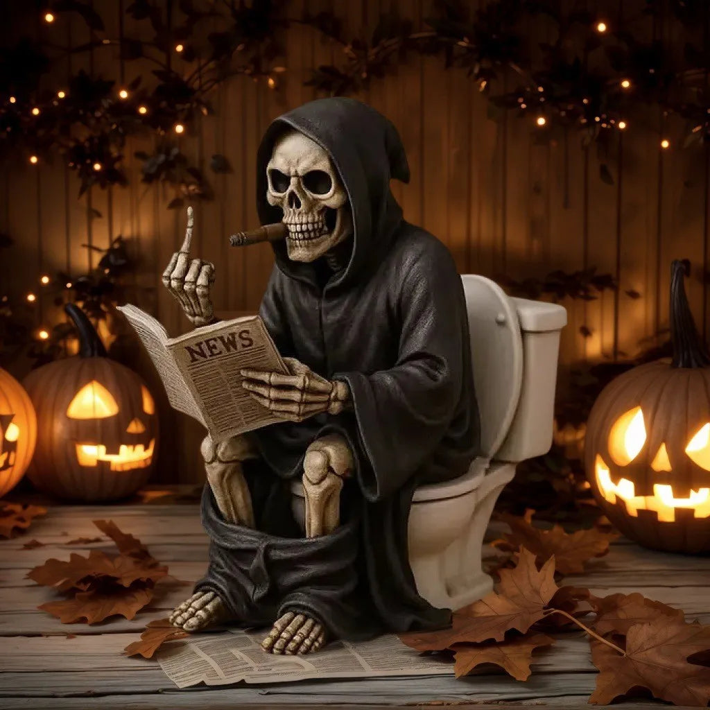 Funny Grim Reaper Skeleton on Toilet Resin Figurine, Humorous Gothic Bathroom Decor Statue, Creative Home Ornament for Desk