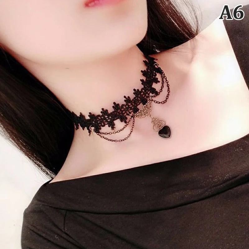 Black Lace Crystal Victorian Choker Necklace