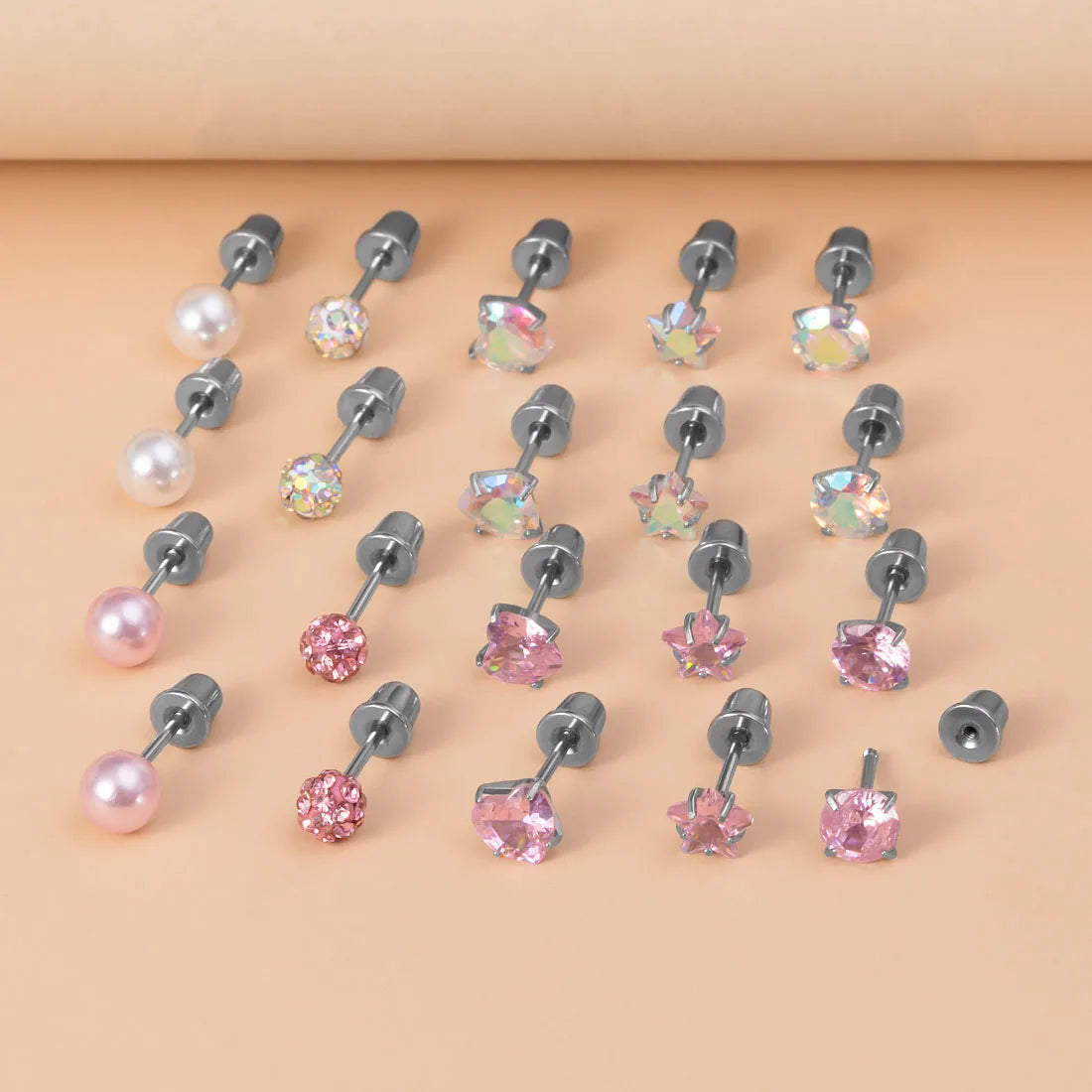 5-Pair Pink Heart & Star Stud Earring Set