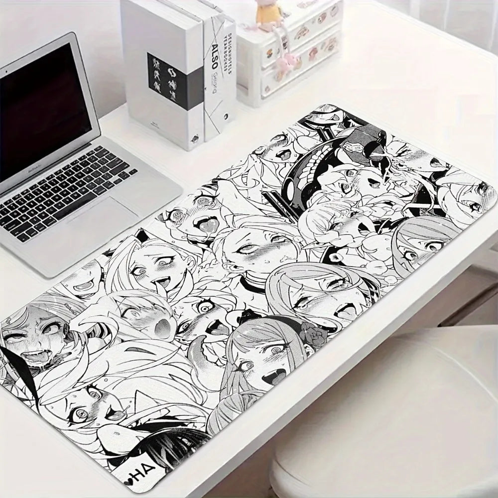 Ahegao Anime Girls Collage Gaming Mouse Pad, Large Non-Slip Desk Mat with Black & White Manga Style for Gamers & Home Office