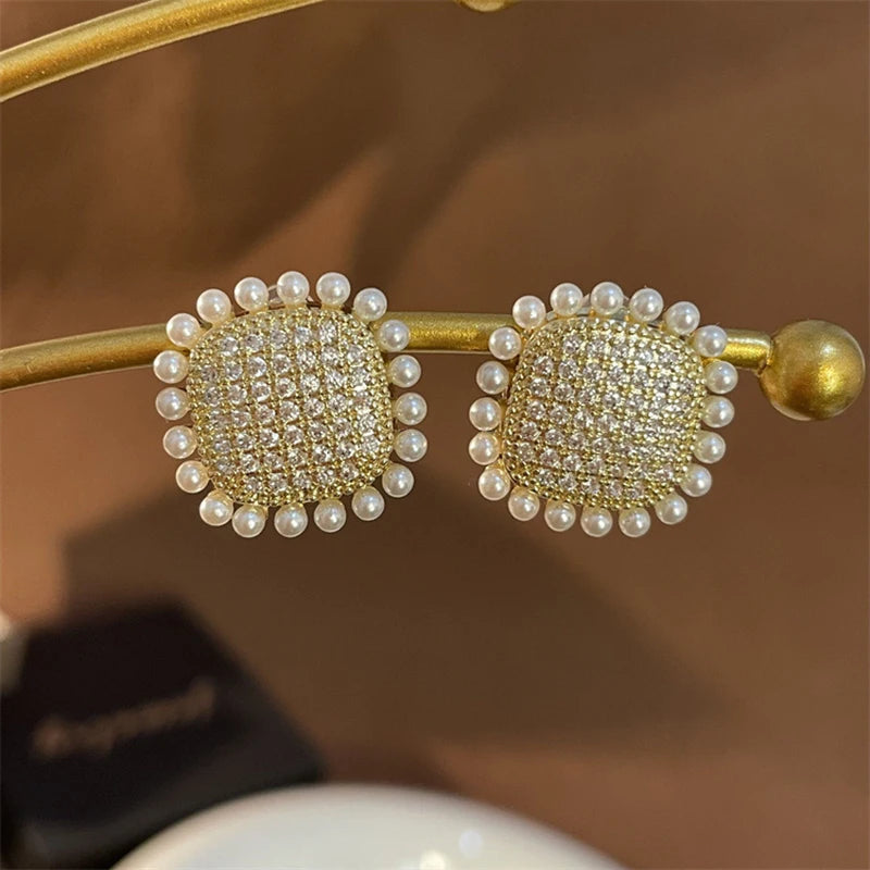 Square Pearl & Crystal Heart Stud Earrings