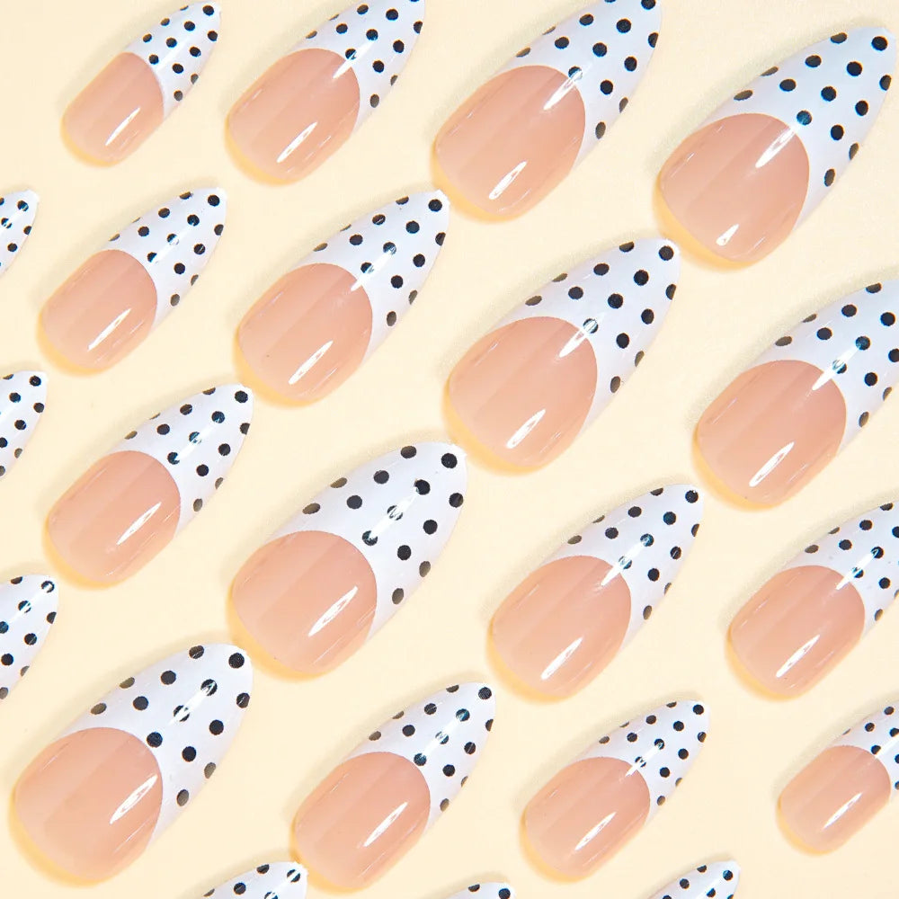 Medium Fake Nails for Women Girls Nude Black White French Almond Nail Tips with Polka Dots Design Full Cover Press On False Nail