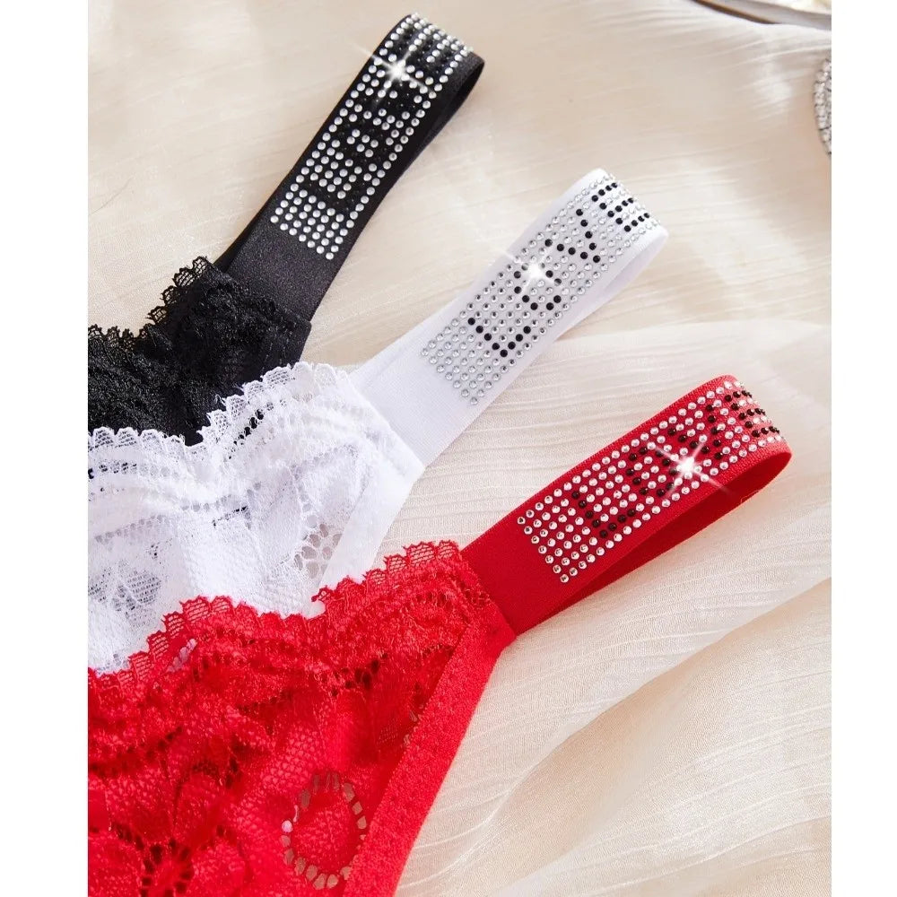 Lingerie Crystal Lace Flower Panties Cotton Crotch Low-waist Seamless Thong Embroidery Underpants Bikini Underwear Women Gifts