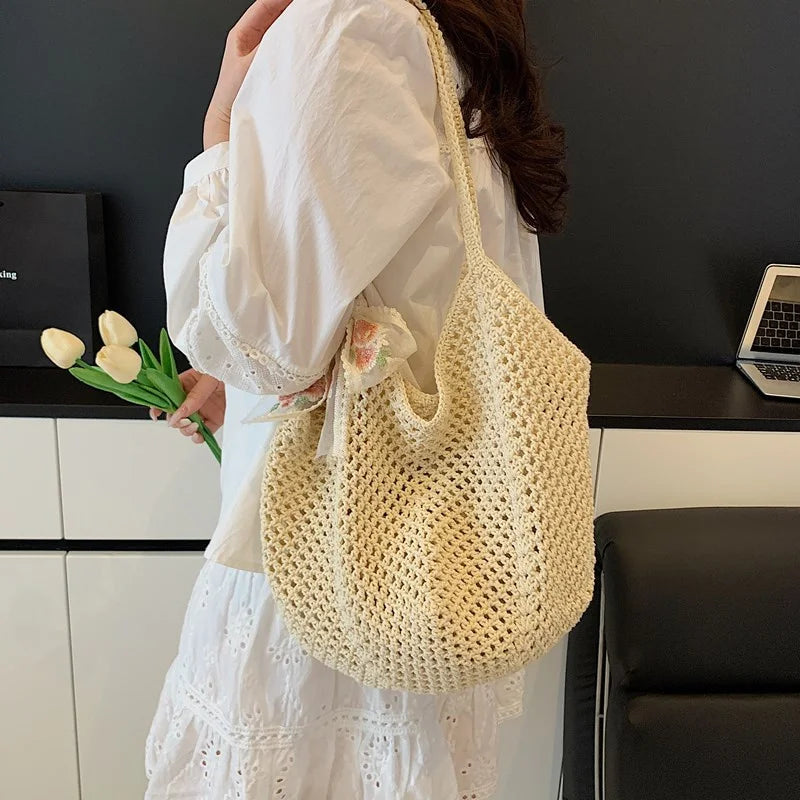 Woven Lace Bow Raffia Tote Bag
