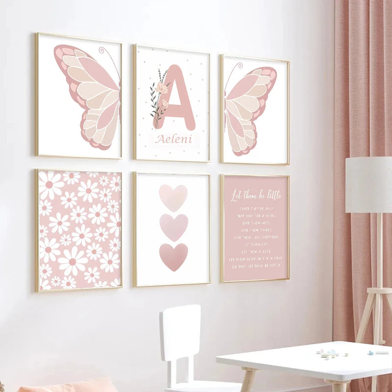 Pink Butterfly, Rainbow & Daisy Nursery Wall Art